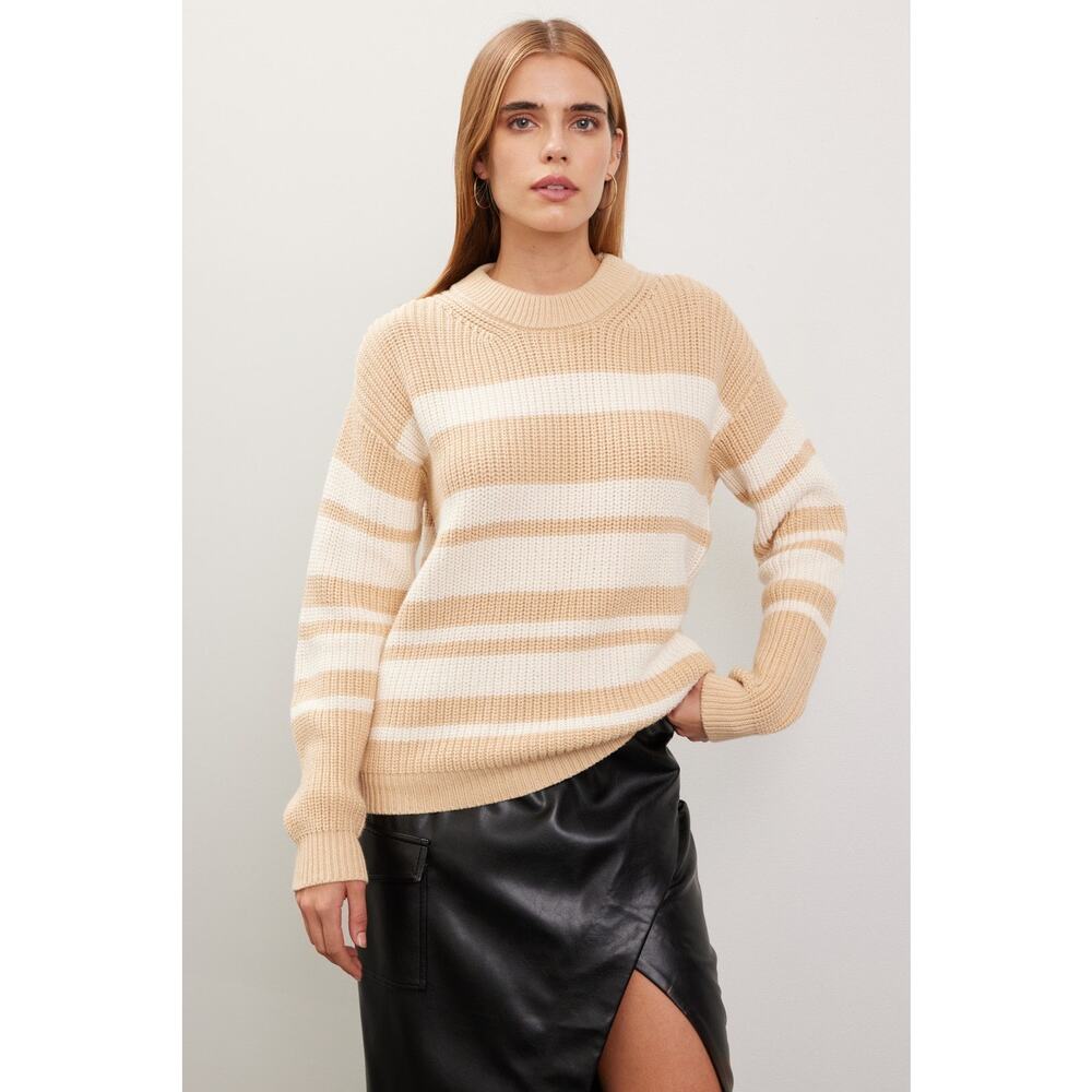 Veda Rancho Beige White Striped Knit Cotton Crewneck Pullover Sweater Size Large